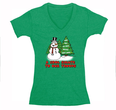 Free Shipping Womens Snowman Salute Our Troops Army Navy Marines Air Force Military Christmas Sweater Santa Tree Winter V-Neck T-Shirt