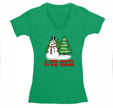 Free Shipping Womens Snowman Salute Our Troops Army Navy Marines Air Force Military Christmas Sweater Santa Tree Winter V-Neck T-Shirt
