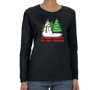 Free Shipping Womens Snowman Salute Our Troops Army Navy Marines Air Force Military Christmas Sweater Tree  Long Sleeve Crewneck T-Shirt