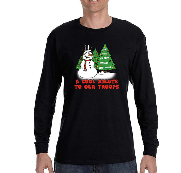 Free Shipping Mens Snowman Salute Our Troops Army Navy Marines Air Force Military Christmas Sweater Santa Tree Long Sleeve Crewneck T-Shirt