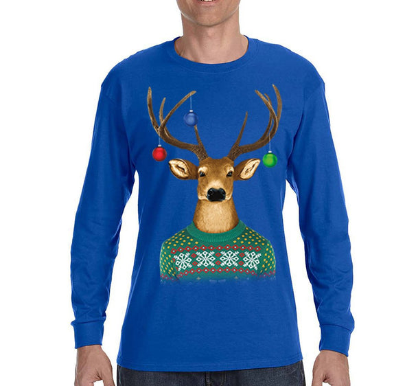 Free Shipping Mens Reindeer Wearing  Sweater Ornaments Ugly Christmas Sweater Winter Santa Holiday Snowman Gift Long Sleeve  T-Shirt