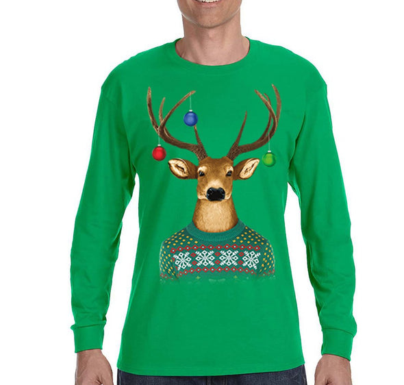 Free Shipping Mens Reindeer Wearing  Sweater Ornaments Ugly Christmas Sweater Winter Santa Holiday Snowman Gift Long Sleeve  T-Shirt