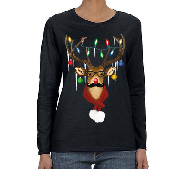Free Shipping Womens Reindeer Wearing Sweater Moustache Lights Ugly Christmas Sweater Winter Holiday Santa Gift Long Sleeve  T-Shirt