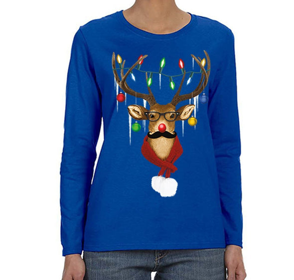 Free Shipping Womens Reindeer Wearing Sweater Moustache Lights Ugly Christmas Sweater Winter Holiday Santa Gift Long Sleeve  T-Shirt