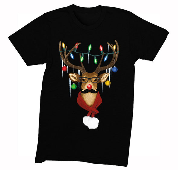 Free Shipping Mens Reindeer Wearing Sweater Moustache Lights Ugly Christmas Sweater Winter Holiday Santa Gift Crew Neck T-Shirt