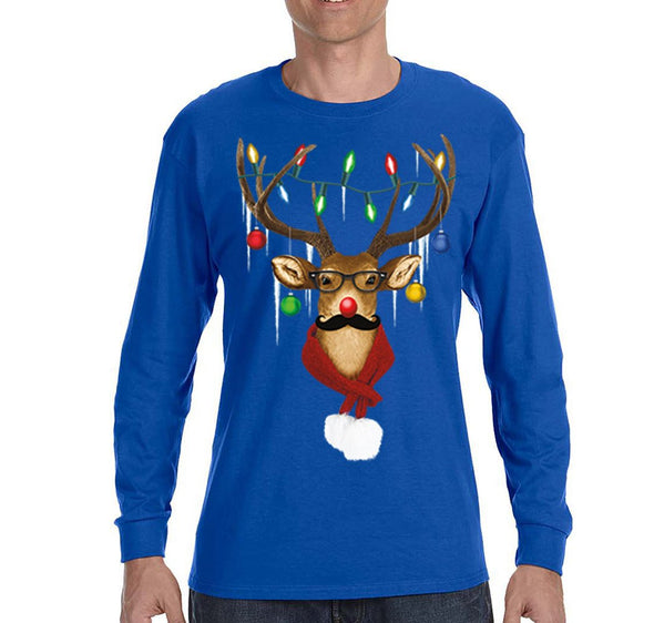 Free Shipping Mens Reindeer Wearing Sweater Moustache Lights Scarf Ugly Christmas Sweater Winter Holiday Santa Gift Long Sleeve T-Shirt