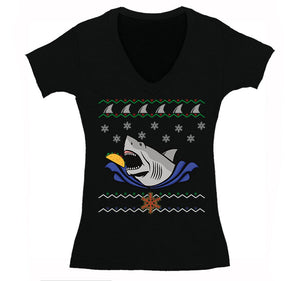 Free Shipping Womens Taco Shark Ugly Christmas Sweater Great White Nautical Holiday Fishing Diving Boat Winter Funny Gift V-Neck T-Shirt