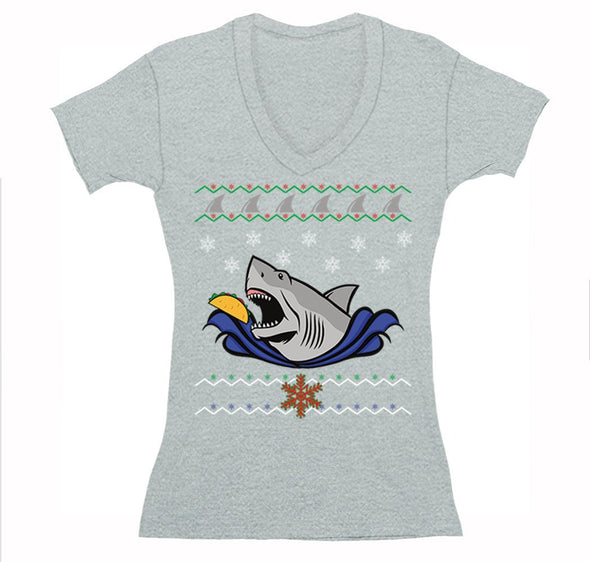 Free Shipping Womens Taco Shark Ugly Christmas Sweater Great White Nautical Holiday Fishing Diving Boat Winter Funny Gift V-Neck T-Shirt