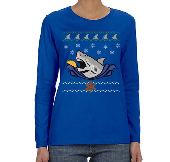 Free Shipping Womens Taco Shark Ugly Christmas Sweater Great White Ocean Nautical Holiday Fishing Diving Boat Funny Gift Long Sleeve T-Shirt