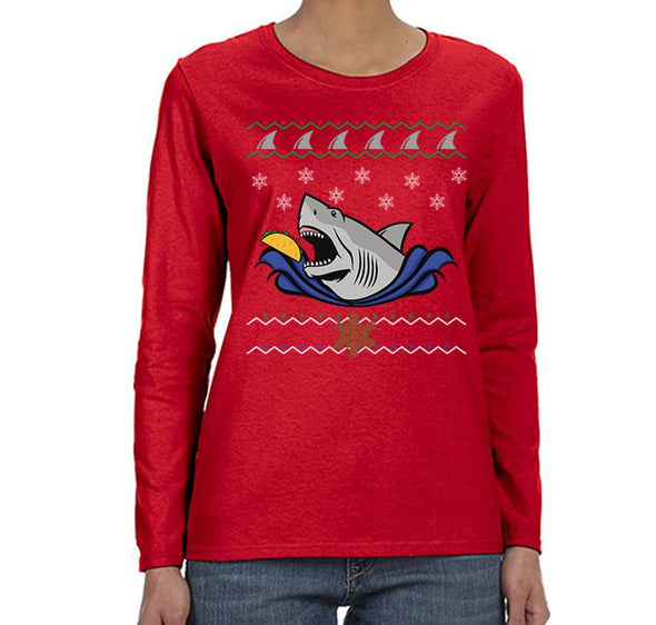 Free Shipping Womens Taco Shark Ugly Christmas Sweater Great White Ocean Nautical Holiday Fishing Diving Boat Funny Gift Long Sleeve T-Shirt