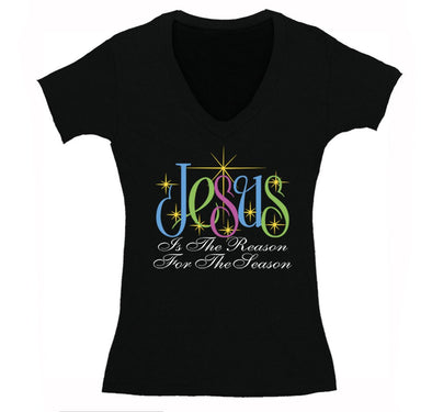 Free Shipping Womens Jesus is the Reason For the Season Religious Christian Catholic Church Winter Holiday Christmas Sweater V-Neck T-Shirt