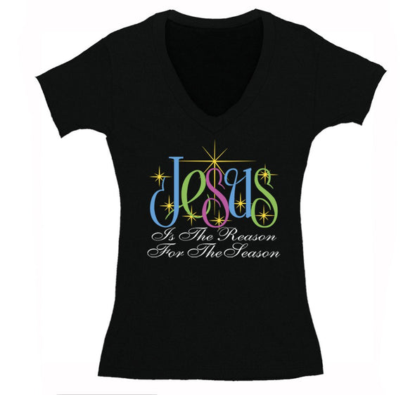 Free Shipping Womens Jesus is the Reason For the Season Religious Christian Catholic Church Winter Holiday Christmas Sweater V-Neck T-Shirt