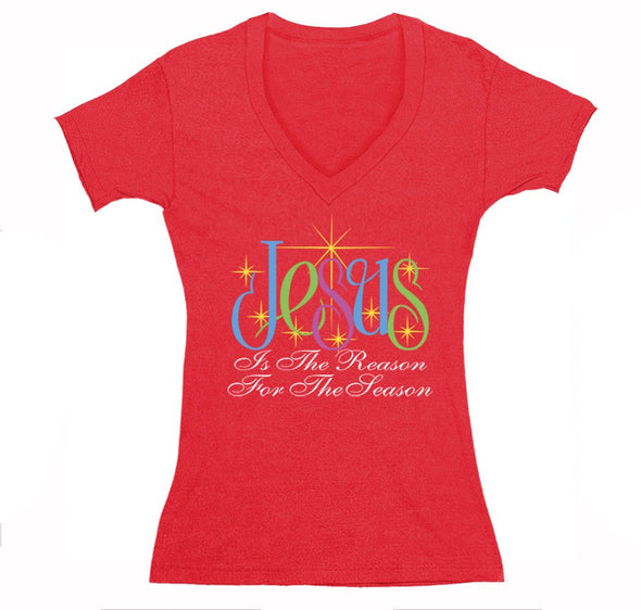 Free Shipping Womens Jesus is the Reason For the Season Religious Christian Catholic Church Winter Holiday Christmas Sweater V-Neck T-Shirt