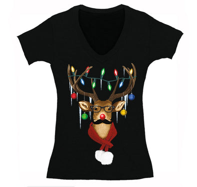 Free Shipping Womens Reindeer Wearing Sweater Moustache Lights Ugly Christmas Sweater Winter Holiday Santa Gift V-Neck  T-Shirt