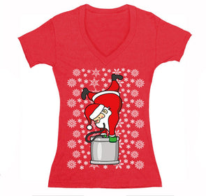 Free Shipping Womens Santa Keg Stand Beer Frat College Funny Fraternity Party Ugly Christmas Sweater Holiday Winter Drinking V-Neck T-Shirt