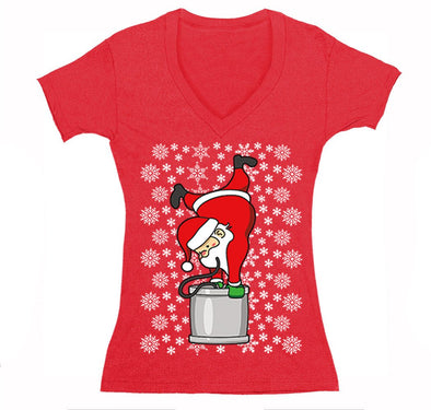 Free Shipping Womens Santa Keg Stand Beer Frat College Funny Fraternity Party Ugly Christmas Sweater Holiday Winter Drinking V-Neck T-Shirt