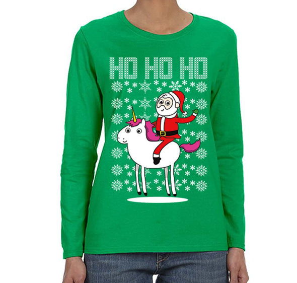 Free Shipping Womens Santa Riding Unicorn Ho Ho Ugly Christmas Sweater Pony Snowflake Winter Funny Animal Gift Holiday Long Sleeve T-Shirt