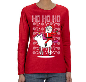 Free Shipping Womens Santa Riding Unicorn Ho Ho Ugly Christmas Sweater Pony Snowflake Winter Funny Animal Gift Holiday Long Sleeve T-Shirt