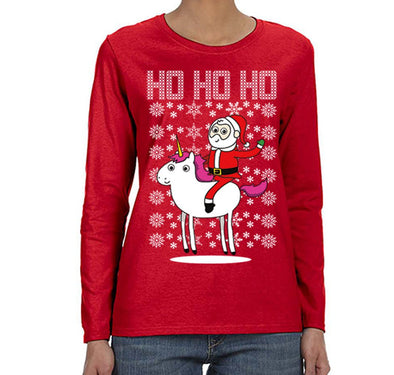 Free Shipping Womens Santa Riding Unicorn Ho Ho Ugly Christmas Sweater Pony Snowflake Winter Funny Animal Gift Holiday Long Sleeve T-Shirt