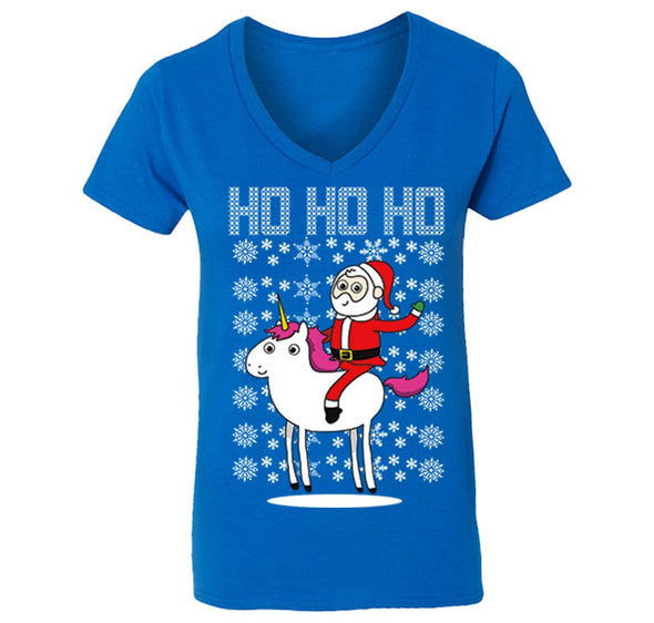 Free Shipping Womens Santa Riding a Unicorn Ho Ho Ho Ugly Christmas Sweater Pony Snowflake Winter Funny Snowman Gift Holiday V-Neck T-Shirt