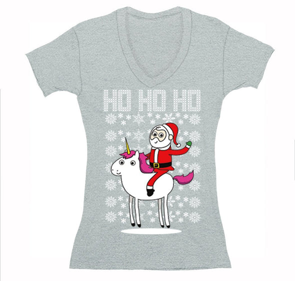 Free Shipping Womens Santa Riding a Unicorn Ho Ho Ho Ugly Christmas Sweater Pony Snowflake Winter Funny Snowman Gift Holiday V-Neck T-Shirt