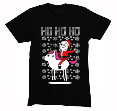 Free Shipping Mens Santa Riding a Unicorn Ho Ho Ho Ugly Christmas Sweater Pony Snowflake Winter Funny Snowman Gift Holiday Crewneck T-Shirt