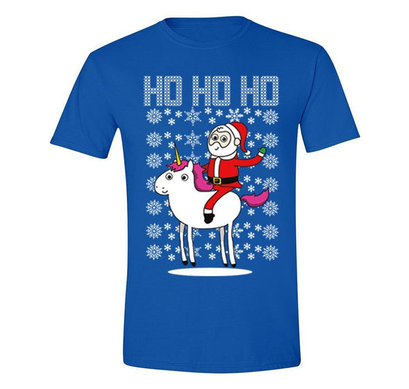 Free Shipping Mens Santa Riding a Unicorn Ho Ho Ho Ugly Christmas Sweater Pony Snowflake Winter Funny Snowman Gift Holiday Crewneck T-Shirt