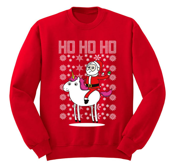 Free Shipping Santa Riding Unicorn Ho Ho Ho Ugly Christmas Sweater Pony Snowflake Winter Funny Animal Gift Holiday Men Women Crew Sweatshirt