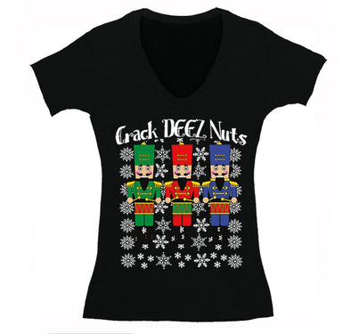 Free Shipping Womens Crack Deez Nuts Nutcracker Soldier Ugly Christmas Sweater Funny Party Winter Holiday Drummer Boy Gift V-Neck T-Shirt