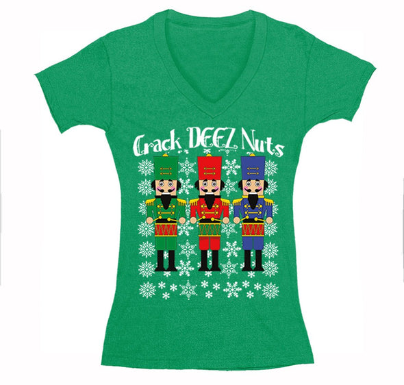 Free Shipping Womens Crack Deez Nuts Nutcracker Soldier Ugly Christmas Sweater Funny Party Winter Holiday Drummer Boy Gift V-Neck T-Shirt