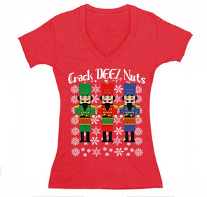 Free Shipping Womens Crack Deez Nuts Nutcracker Soldier Ugly Christmas Sweater Funny Party Winter Holiday Drummer Boy Gift V-Neck T-Shirt