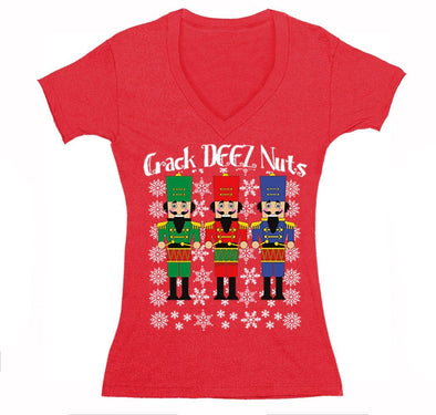 Free Shipping Womens Crack Deez Nuts Nutcracker Soldier Ugly Christmas Sweater Funny Party Winter Holiday Drummer Boy Gift V-Neck T-Shirt