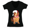 Free Shipping Womens Dachshund Wiener Dog Lover Santa Scarf Animal Cute Holiday Puppy Party Winter Christmas Sweater V-Neck T-Shirt