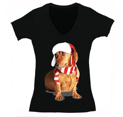 Free Shipping Womens Dachshund Wiener Dog Lover Santa Scarf Animal Cute Holiday Puppy Party Winter Christmas Sweater V-Neck T-Shirt