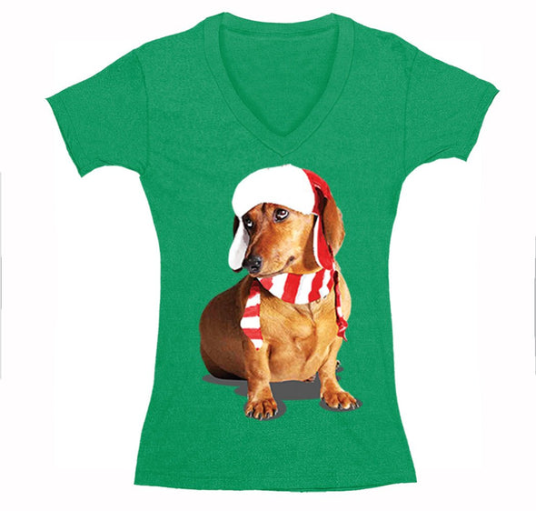 Free Shipping Womens Dachshund Wiener Dog Lover Santa Scarf Animal Cute Holiday Puppy Party Winter Christmas Sweater V-Neck T-Shirt