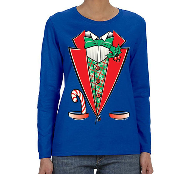 Free Shipping Womens Tuxedo Shirt Bowtie Candy Cane Holly Fancy Ugly Sweater Christmas Long Sleeve T-Shirt