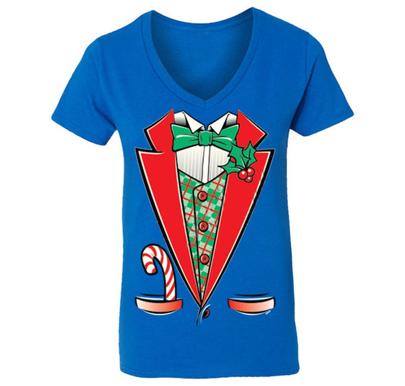 Free Shipping Womens Tuxedo Shirt Bowtie Candy Cane Holly Fancy Ugly Sweater Christmas V-Neck T-Shirt