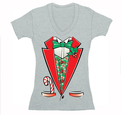 Free Shipping Womens Tuxedo Shirt Bowtie Candy Cane Holly Fancy Ugly Sweater Christmas V-Neck T-Shirt