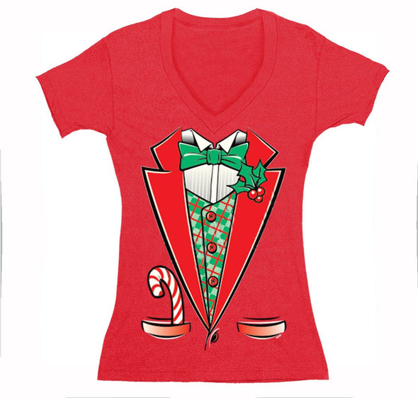 Free Shipping Womens Tuxedo Shirt Bowtie Candy Cane Holly Fancy Ugly Sweater Christmas V-Neck T-Shirt