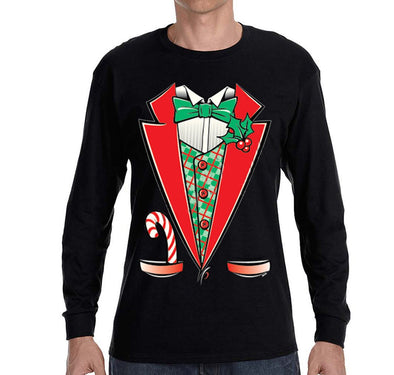 Free Shipping Mens Tuxedo Shirt Bowtie Candy Cane Holly Fancy Ugly Sweater Christmas Party Long Sleeve T-Shirt