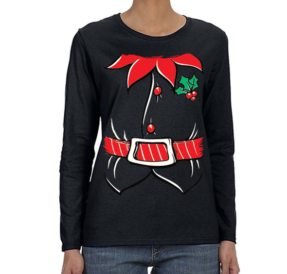 Free Shipping Womens Elf Shirt Poinsettia Holly Belt Ugly Sweater Christmas Party Long Sleeve T-Shirt