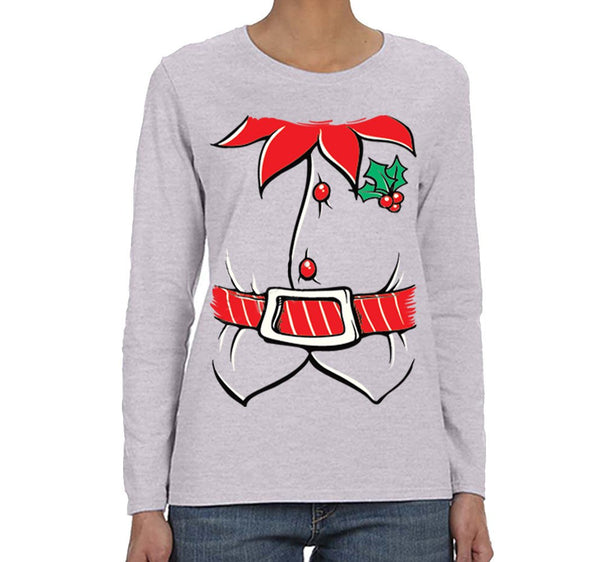Free Shipping Womens Elf Shirt Poinsettia Holly Belt Ugly Sweater Christmas Party Long Sleeve T-Shirt