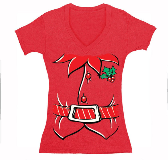 Free Shipping Womens Elf Shirt Poinsettia Holly Belt Ugly Sweater Christmas Party V-Neck T-Shirt