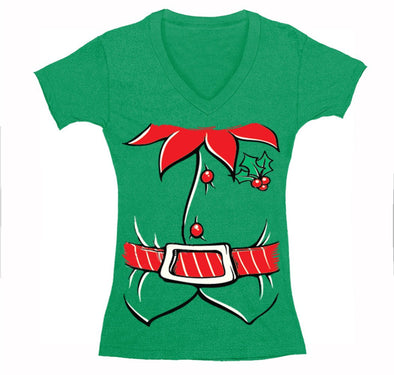 Free Shipping Womens Elf Shirt Poinsettia Holly Belt Ugly Sweater Christmas Party V-Neck T-Shirt