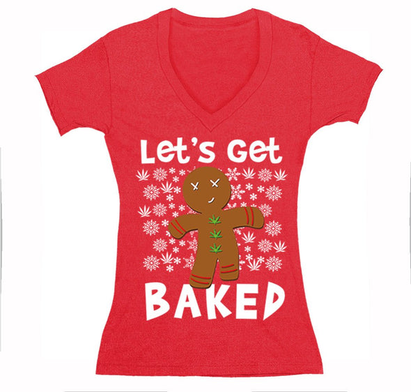 Free Shipping Womens Let's Get Baked Gingerbread Man Cookie 420 Ugly Christmas Sweater Santa Winter Funny Holiday Snow Gift V-Neck T-Shirt