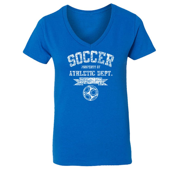 Free Shipping Womens Soccer Property of Athletic Dept. Sports Fan Team Gift Game Day Ball Goal Score Field V-Neck T-Shirt