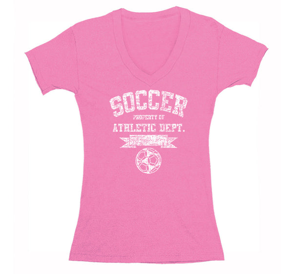 Free Shipping Womens Soccer Property of Athletic Dept. Sports Fan Team Gift Game Day Ball Goal Score Field V-Neck T-Shirt