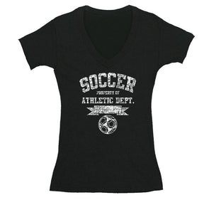 Free Shipping Womens Soccer Property of Athletic Dept. Sports Fan Team Gift Game Day Ball Goal Score Field V-Neck T-Shirt