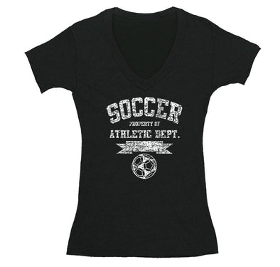 Free Shipping Womens Soccer Property of Athletic Dept. Sports Fan Team Gift Game Day Ball Goal Score Field V-Neck T-Shirt
