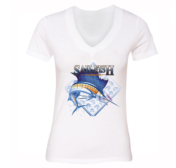 Free Shipping Womens Sailfish Swordfish Sport Fishing Saltwater Fish Fisherman Reel Boat Lure Catch Bait Ocean Gift Vacation V-Neck T-Shirt